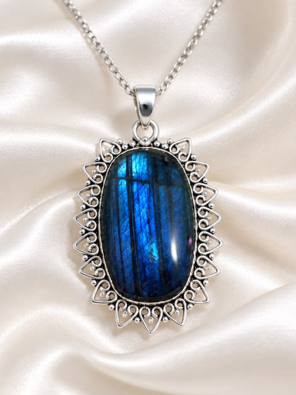 Large Blue Labradorite Pendant Necklace - Elegant Heart Scrollwork Silver Frame